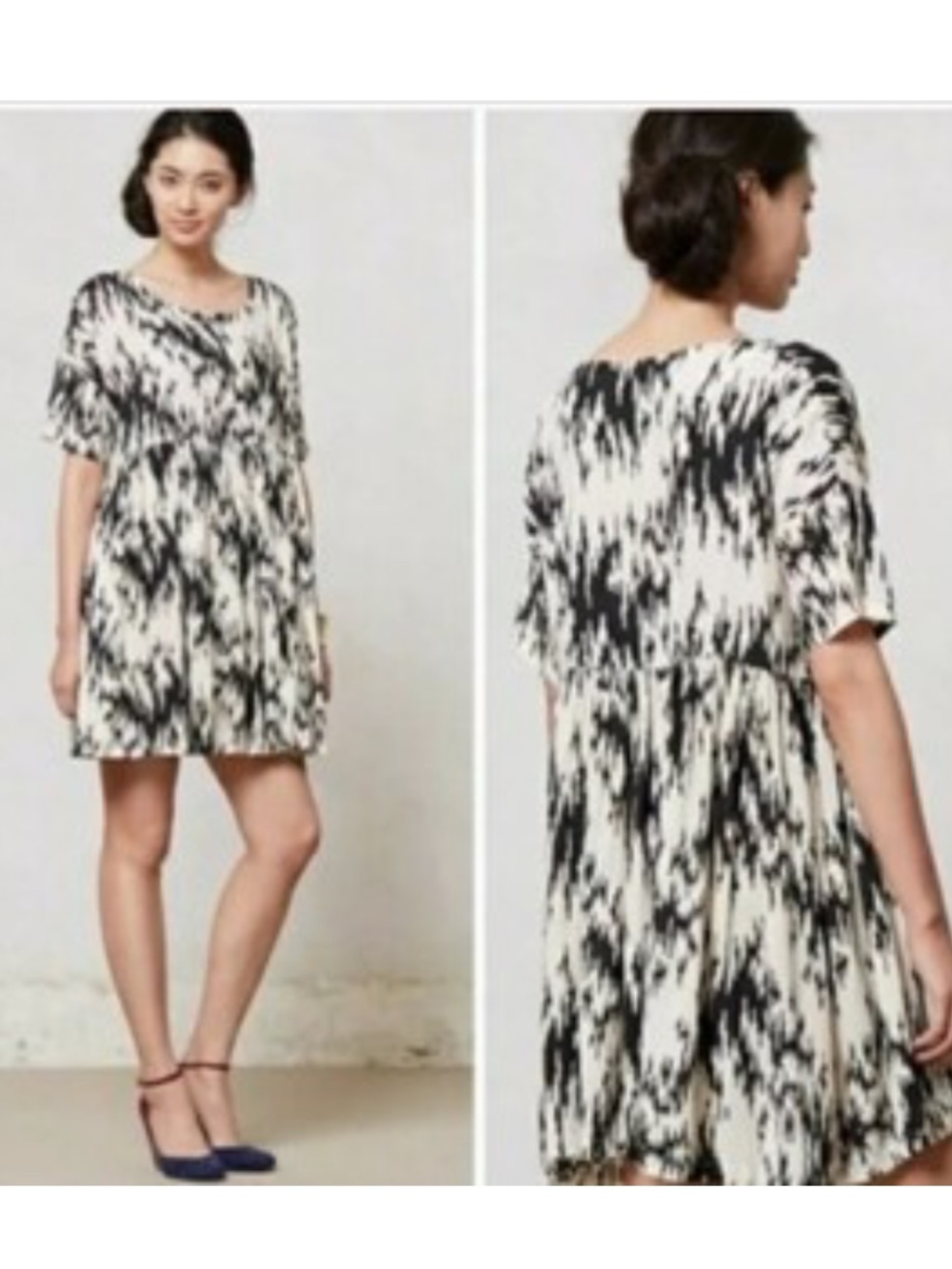 Ganni Black and White Abstract Button-Front Babydoll Dress Tunic